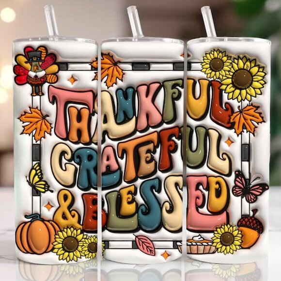 🍁 Embrace the Spirit of Gratitude w/ Our 3D Thankful Grateful... 20oz Tumbler - Picture 1 of 1